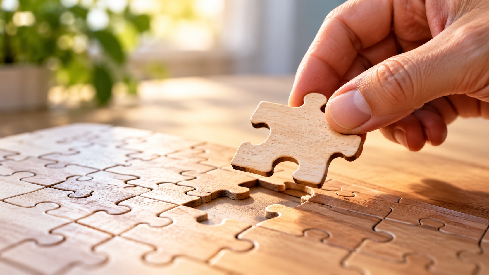 Hand placing the next piece into a wooden jigsaw puzzle