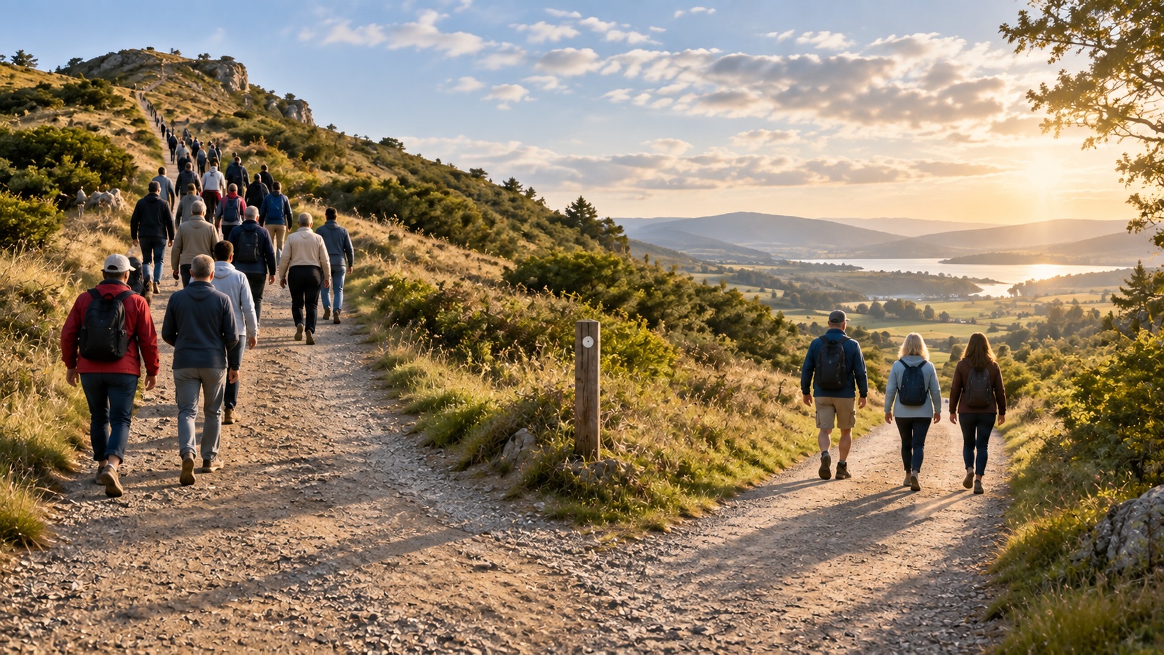 A large group walking uphill while three people take a different path