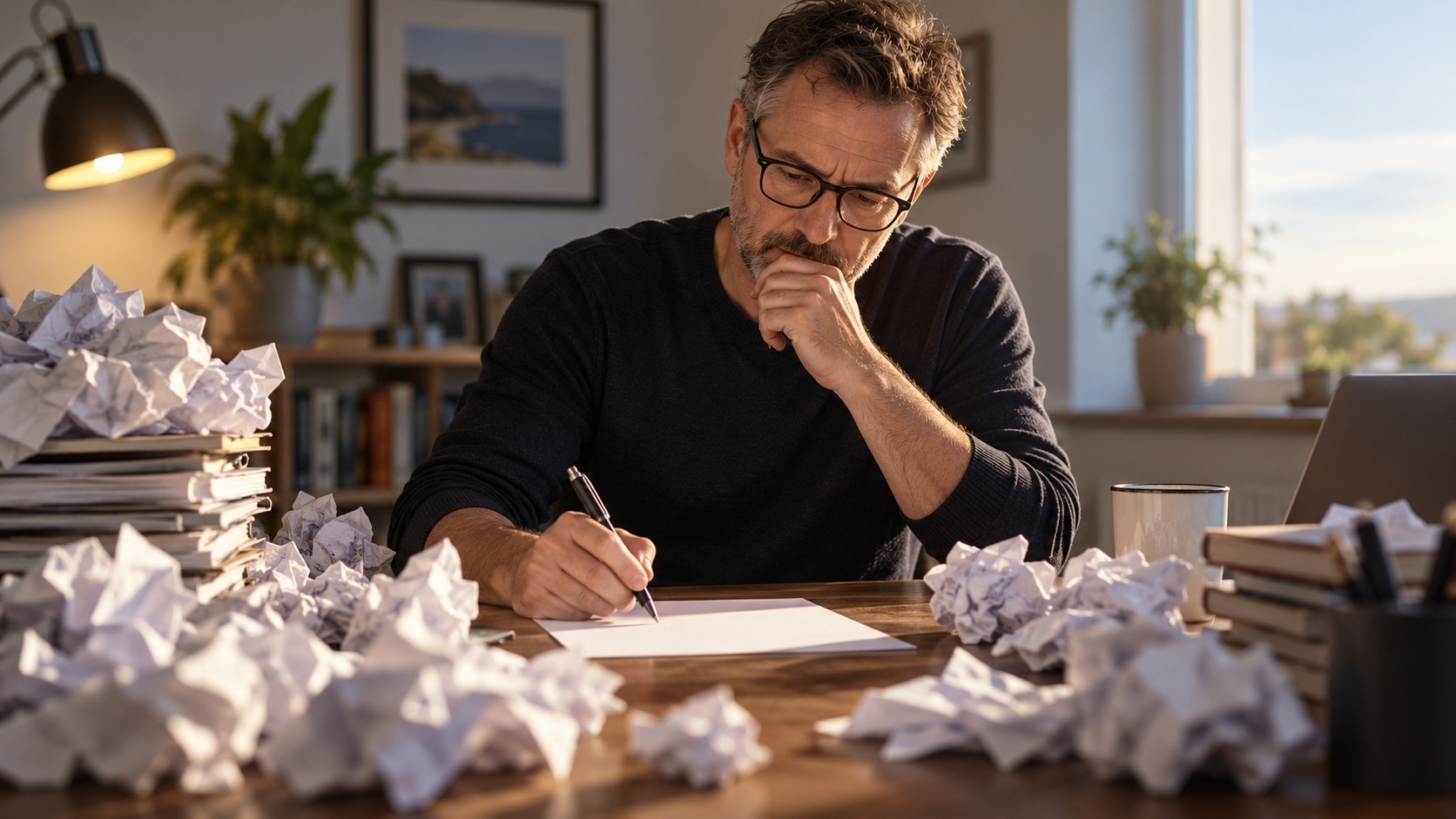 Man focusing on one idea surrounded by discarded pages