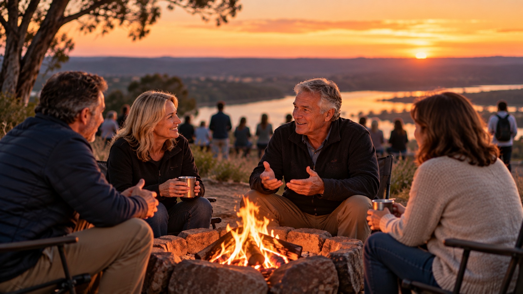 A small group gathered around a campfire while others are in the background, representing connection and building an audience.